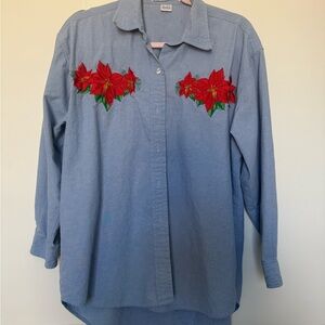 Embroidered Blue Blouse with Red Floral Design